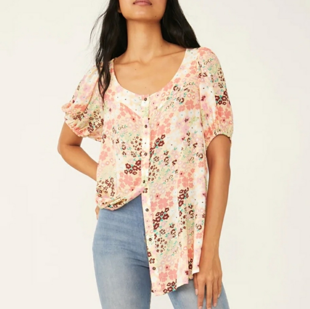 Free People Floral Button-Down Tunic in Pink and Cream